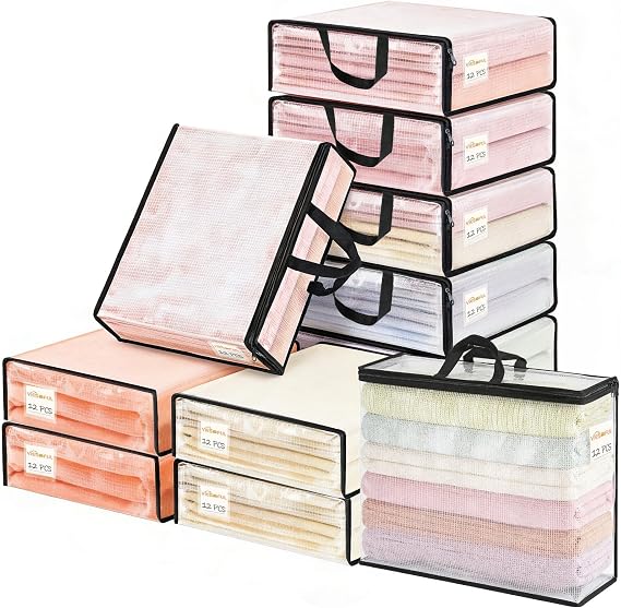 Vieshful 12 Pack Clear Storage Bags for Clothes, 17.7" 14.96" 5.1" Clear PVC Mesh Clothing Organizers with Zipper for Blankets, Clothes, Bedding, Sweater, Toys & Closet Storage, 22L Black