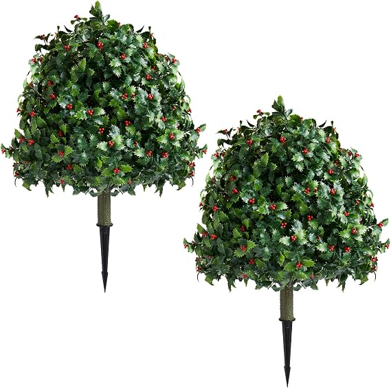 Set of 2 Artificial Holly & Red Berry Topiary Balls, 25" UV-Resistant Faux Evergreen Shrubs with Ground Spikes Festive Outdoor and Indoor Holiday Decor Plants for Porch, Patio, and Garden