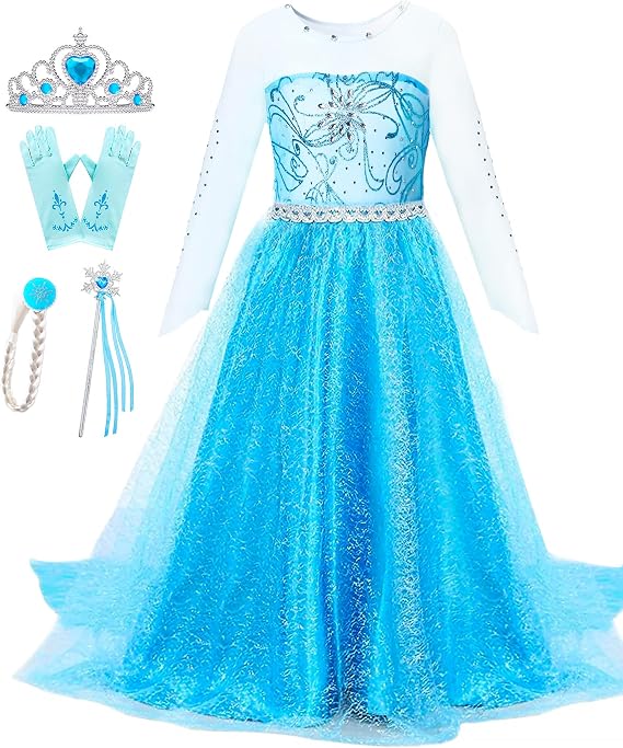 Esvaiy Girls Princess Elsa Dress Costume Halloween Birthday Party Cosplay | Princess Elsa Dress Up Costume for Girls, Complete Set with Crown, Wig Gloves Great for Christmas Gift Kids 3t 4t 5t 6t 7t 8t