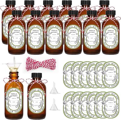 12 Pack 4 oz Vanilla Extract Bottles with Black Poly Cone Caps and 12 Pcs Vanilla Extract Stickers, 120ml Boston Round Sample Bottles for Homemade Vanilla Extract, Essential Oils, Herbal Medicine4oz