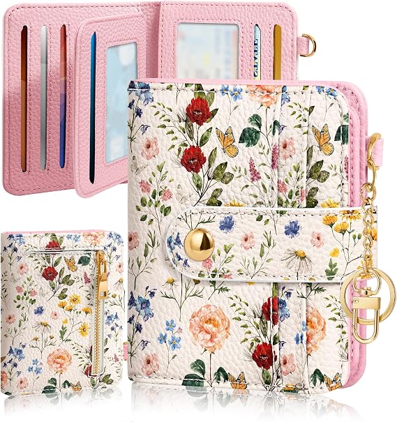 Bistup Wallet for Women Cute Small Card Wallet Genuine Leather Rfid with Keychain for Ladies Teen Girls Female Girly Aesthetic Flower Floral Unique Kawaii Pretty Modern Bifold Credit Card Holder