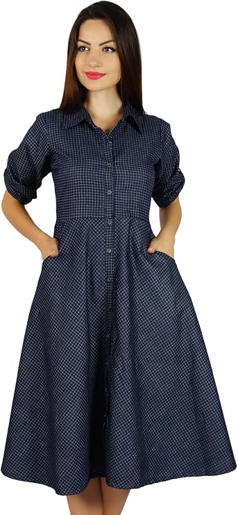 Bimba Womens Buttondown Chambray Shirt Dress with Pockets Casual Collar Neck Shift Dresses