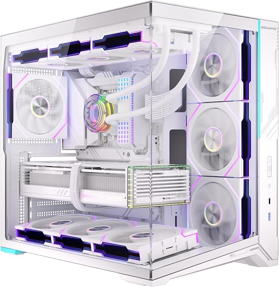 ESGAMING ATX Mid Tower PC Case 360MM RAD Support, 8 Slanted Base, 270 Full View Tempered Glass Gaming PC Case with Type-C - ZeroMax White-Without Fan