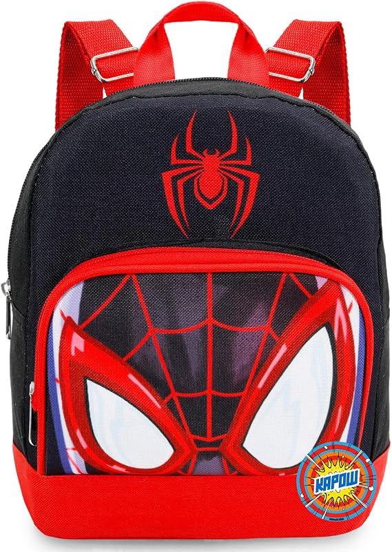 Miles Morales Mini Backpack - 10" Iconic Woven Spiderman Small Backpack and Button Bundle | Adjusts to Fit Kids, Toddlers, Teens, Adults, Boys