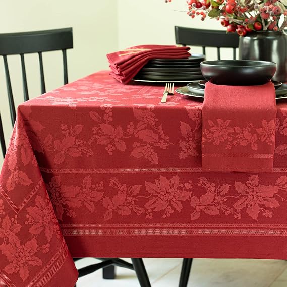 Benson Mills Holiday Elegance Heavyweight Engineered Jacquard Fabric Table Cloth, Holiday, Winter, and Christmas Tablecloth (Dark Red, 60" X 120" Rectangular)