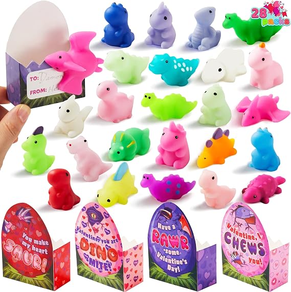 JOYIN 28 Packs Valentines Day Gifts for Kids Classroom School, Dinosaur Mochi Squishy Toys, Stress Relief Toy with Boxes for Girls Boys Valentines Party Favors, Gift Exchange, Game Prizes