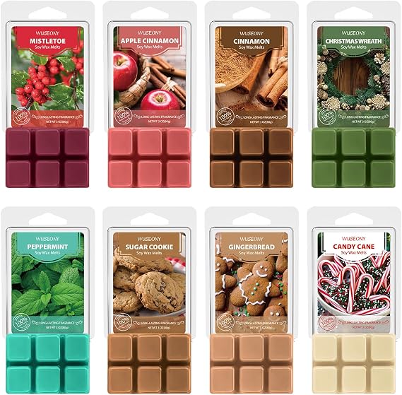 WUSEONY Winter Scented Wax Melts Sets, Holiday Wax Cubes for Warmer, Soy Wax Tarts - Christmas Wreath, Apple Cinnamon, Gingerbread, Mistletoe, Peppermint, Cinnamon, Candy Cane, Sugar Cookie, 8 Pack