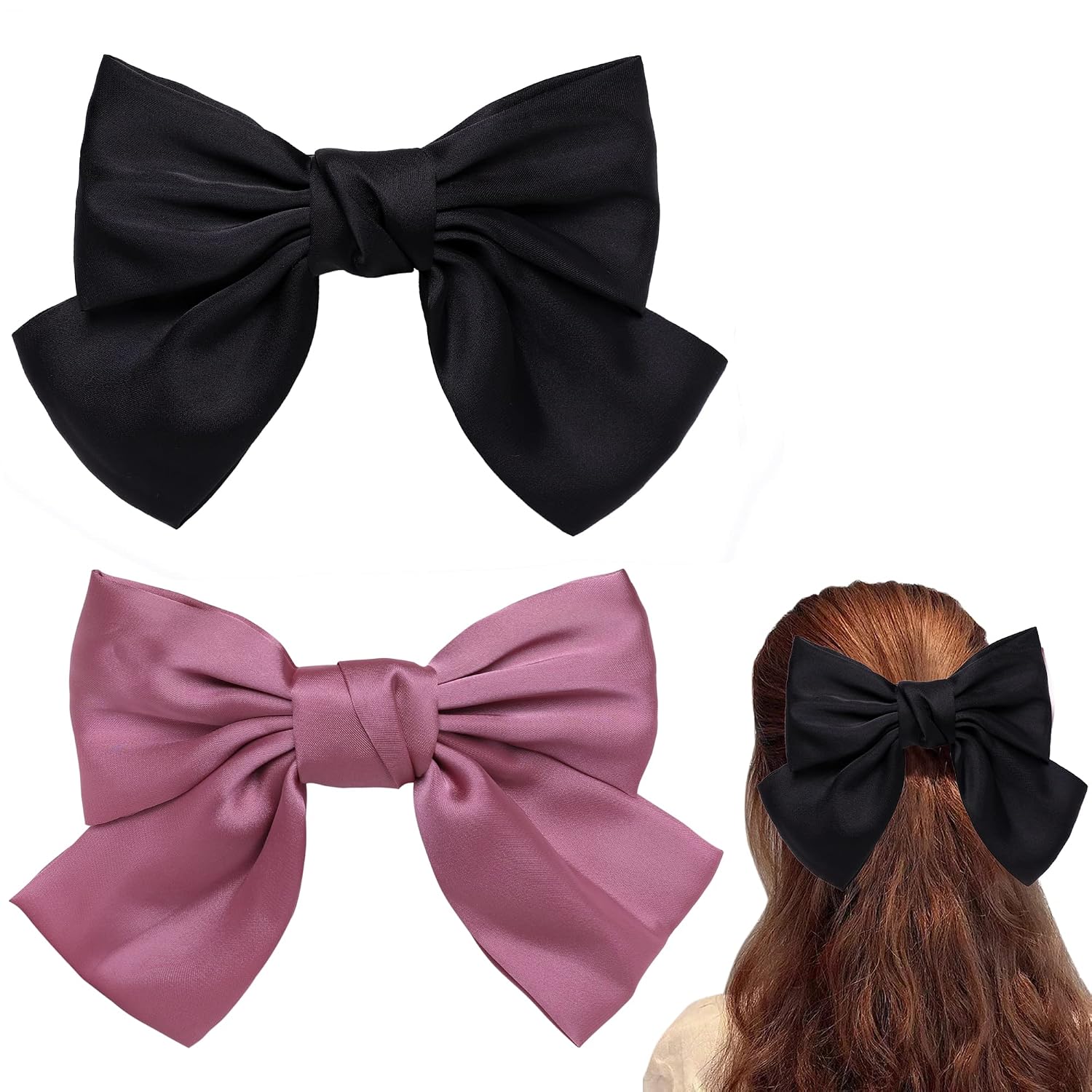 Big Black Hair Bow，2PCS Bow Hair Clips For Women Girls Pink Hair Bow Hair Barettes 8 Inch Satin Bow Hair Accessories For Women by YerpkefeyBlack Pink