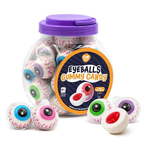 Eyeballs Gummy Candy, Strawberry Jelly Filled Gummies - 30 Count Jar | Candy for Goodie Bags, Party Favors, Spooky Eyes Gummies