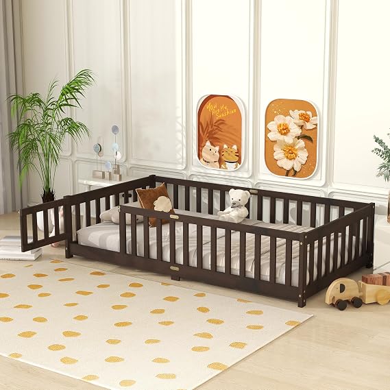 Twin Size Floor Bed Frame with Slats and Fence for Kids,Solid Wood Montessori Floor Bed with Door and Safety Guardrails for Kids Girls Boys,Espresso
