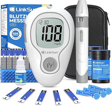 LinkSun G-425-3 Blood Glucose Monitor (mg/dL) 100 Test Strips & Lancets Blood glucose meter set with test strips lancing aid control solution coding free pain-free & fast mg/dL & mmol/L