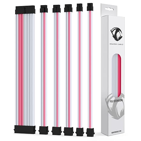 Reaper Cable-Sleeved PSU Extension Set - 30cm - Power Supply Extensions - 24/8/6/4+4 Pin - with Combs (White & Pink)
