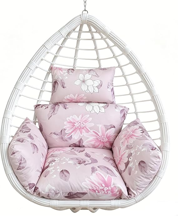 Outdoor Egg Chair Cushion Hanging Basket Seat Cushion Thicken Eggs Chairs Cushion Soft Swing Chair Pad with Headrest Pillow Seat Cushions Replacement for Outdoor Indoor Garden Patio (PinkFlower)