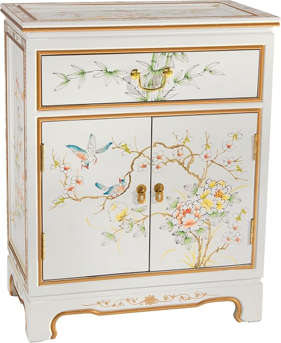 Red Lantern Artisan Crafted Lacquer Storage Cabinet - White with Hand-Painted Birds and Flowers