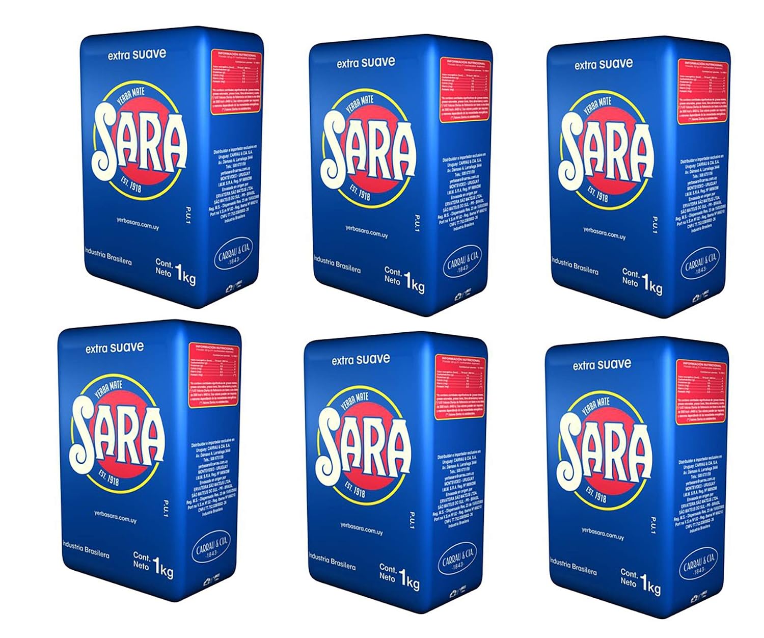 Sara Yerba Mate Extra Suave Azul 1 Kilo - 6 Pack