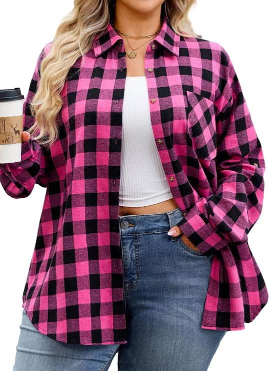 Women Plus Size Flannel Shirts Plaid Button Down Fall Long Sleeve