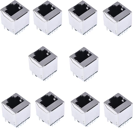 10-Pack Shielded RJ45 8P8C PCB Mount Modular Jack Connector, 180-Degree Angle Ethernet Port for Network Switch, Router, Computer Motherboard