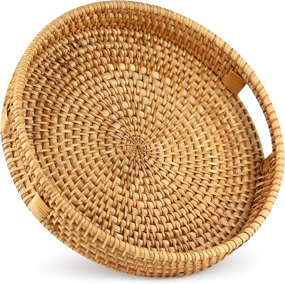 WENLISELL Wicker Serving Tray Round, 30cm Rattan Serving Tray Basket with Handles, Rattan Decorative Display Tray for Breakfast, Drink, Coffer, Tea,