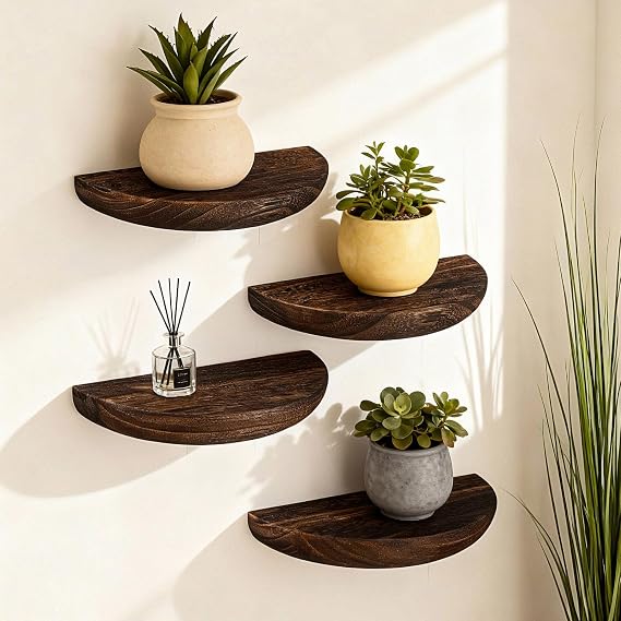 4 Pcs Half Round Small Floating Wall Shelves, Dark Brown