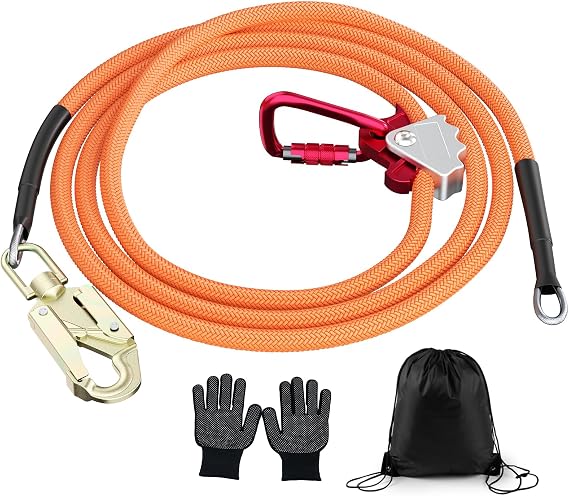 Safety harness with triple-lock carabiner adjuster, Adjustable lanyard for fall protection with Tool Gloves and Storage Bag
