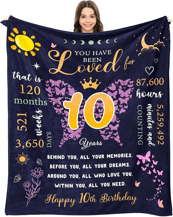 10 Year Old Girl Blanket 60"x 50", 10th Birthday Gifts for Girls,