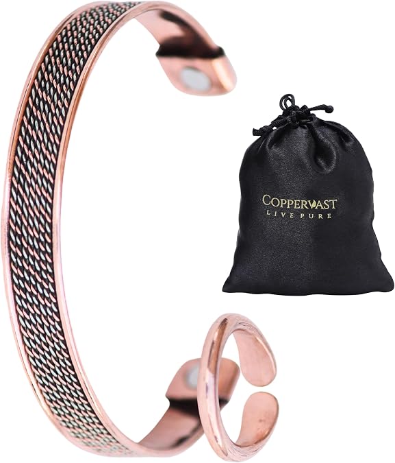 Coppervast Pure Copper Bracelet & Ring Set Adjustable Handmade 99.99% Solid Copper Jewelry for Men & Women | Elegant Copper Cuff Bracelets & Ring Gift for Men and Women