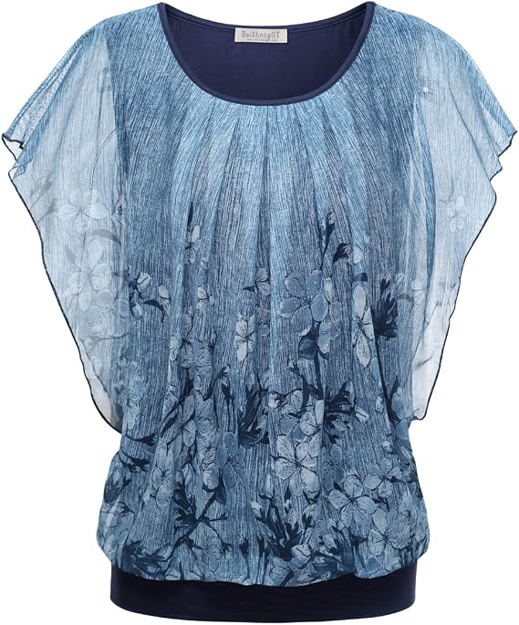 BAISHENGGT Womens Summer Tops Flutter Short Sleeve Pleated Front Mesh Shirts Dressy Casual Blouses