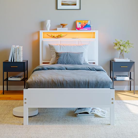 Twin Bed Frame with Charging Station & LED Lights,White Upholstered