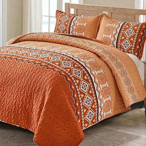 WONGS BEDDING Burnt Orange Boho Quilt Set Full,3 PCS Summer Quilt Bedspread Lightweight Geometry Printed Coverlet Set with 2 Pillowcase,Soft Bohemian Bedding Set 78''90''