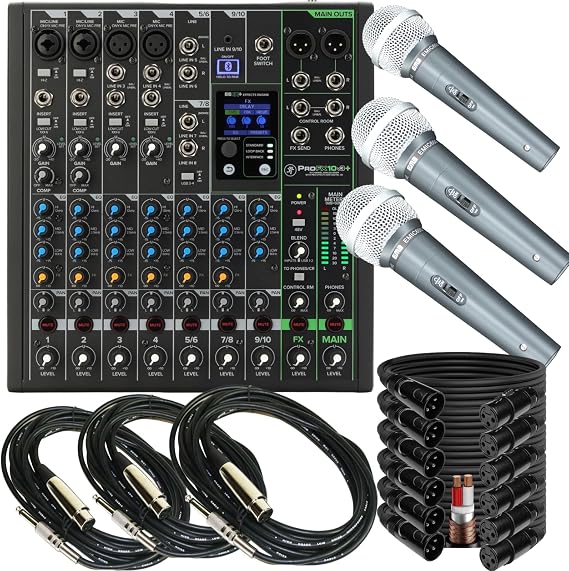 Mackie ProFX10v3+ 10-Channel Unpowered Mixer w/USB Bluetooth & Effects, 3 EMB Mics, 6 EMB 15-foot XLR Cables, and 3 10-foot 1/4" to XLR Cables