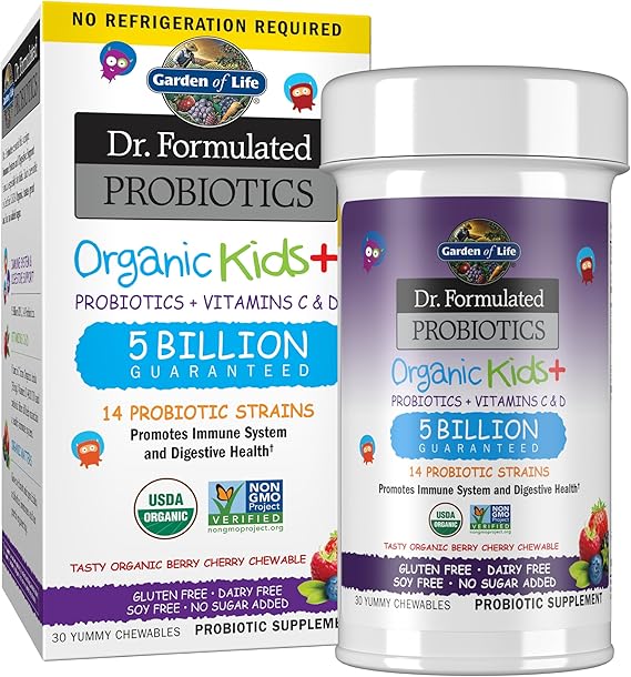 Garden of Life Dr. Formulated Probiotics Organic Kids plus Vitamin C & D - Berry Cherry - Gluten, Dairy & Soy Free Immune & Digestive Health Supplement, No Added Sugar, 30 Chewables Shelf Stable