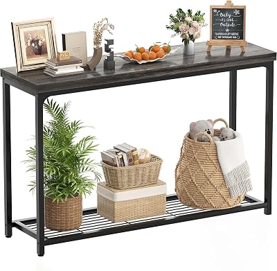 47 Console Table with Storage, 2 Tier Narrow Entryway Table, Sofa Table with Mesh Shelves, Console Tables for Living Room, Bedroom, Hallway, Entryway, Foyer, Oak Grey
