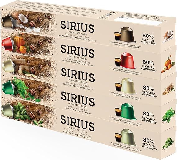 Sirius Premium Flavored Capsule Coffee Set of 5 (Cardam-Mint-Ginger-Honey Pumpkin-Coconut)