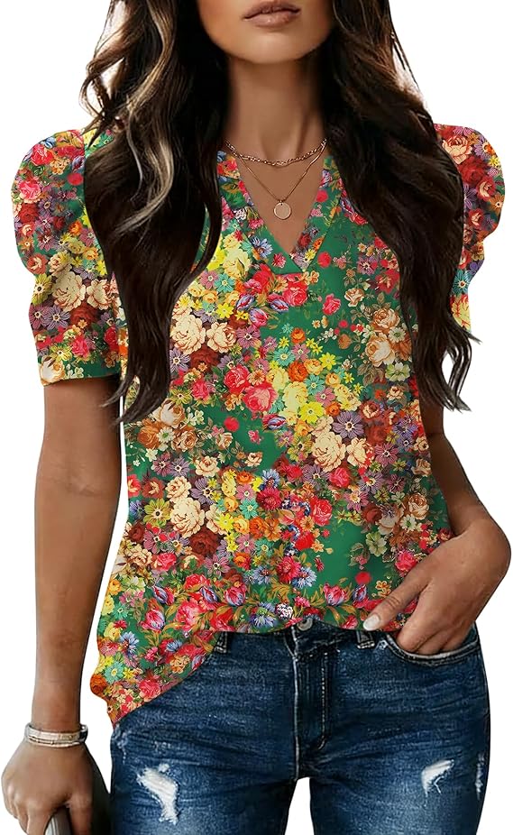 LOMON Spring Summer Tops for Women 2026 V Neck Puff Short Sleeve Tops Fashion Trendy Work Blouses Dressy Casual S-XXL