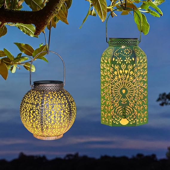 2Pack Rose Solar Lantern, 2Pack Peacock Garden Lanterns for Patio, Yard,Porch, Flower Bed