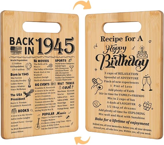 81st Birthday Gifts for Women Men,Back In 1945&Recipe for A Happy Birthday Double sided Cutting Board present for Her Him,81st Bday gift ideas,cool presents for 81 year old woman