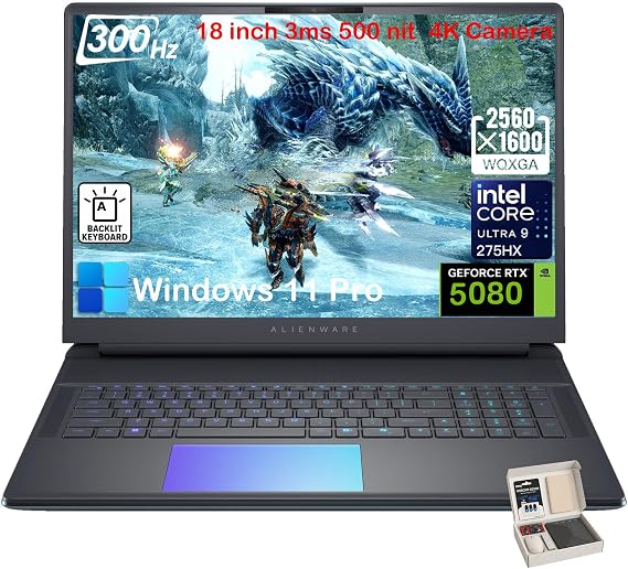 Alienware 18 Area 51 Gaming Laptop, RTX 5080 16GB GDDR7, Intel Ultra 9 275HX, 18" WQXGA 300Hz Display, Windows 11 Pro, AlienFX RGB KB, 4K Camera, w/Accessories(64GB DDR5 | 4TB SSD)