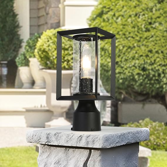 Outdoor Post Light, 1-Light Black Pole Light Waterproof Rectangular Outdoor Lamp Post Light Fixture with Seeded Glass