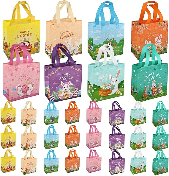 Hommay 24p Easter Gift Bags with Handles, Non-woven Easter Goodies Treat Gift Bags Bulk Decorated With Rabbits, Eggs