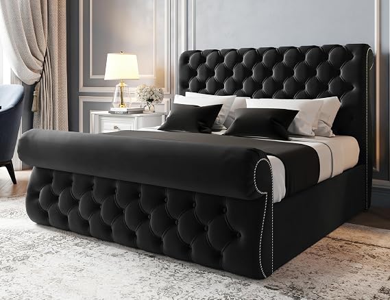 Sworn Sleigh Double Bed Frame 4ft6, Modern Plush Velvet Upholstered Panelled Design, Luxury 4ft6 Beds Base with High Headboard, Stylish Bed Frame Double for Bedrooms in Black Plush