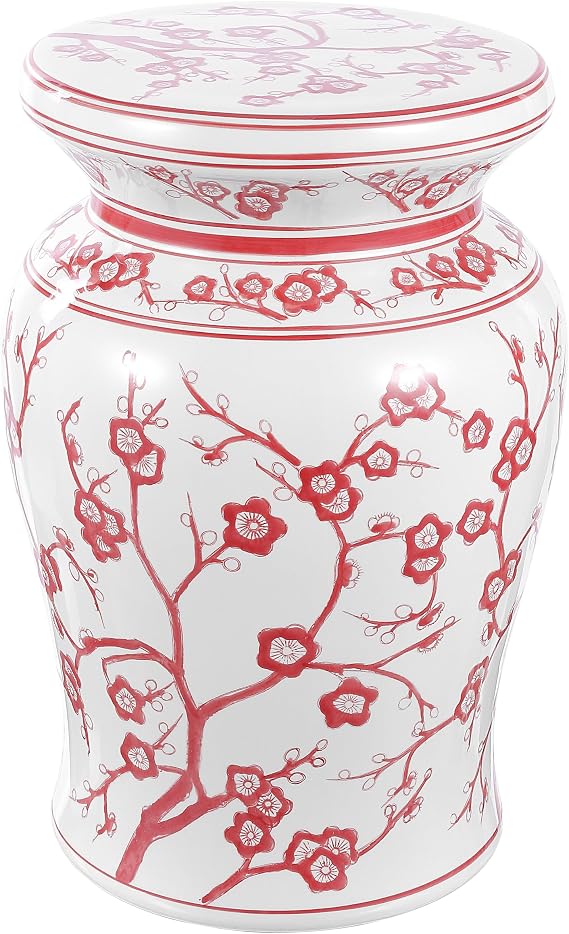 JONATHAN Y Cherry Blossom 18" Ceramic Garden Stool Side Table, White/Red | Chinoiserie Floral Accent, Plant Stand For Indoor Outdoor Patio, Urn Shaped Porcelain, Spill Proof Glazed Finish