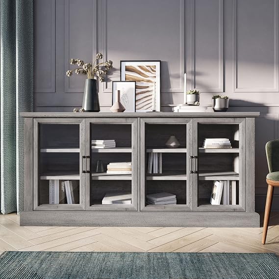 BELLEZE 70" Liam Sideboard Buffet Cabinet - Gray Wash | Farmhouse Style,Glass Door,Adjustable Shelf,Living Room Dining Room Kitchen Entryway