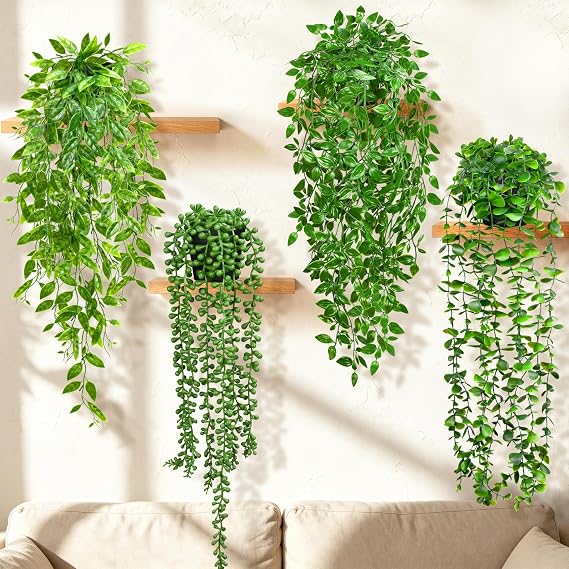 Palonu 4 Pack Faux Artificial Hanging Plants, UV Resistant Fake Potted Greenery with Eucalyptus Vine, Mandala, Pea Pod Leaves & String of Pearls in Pots for Living Room Bathroom Indoor Outdoor Decor