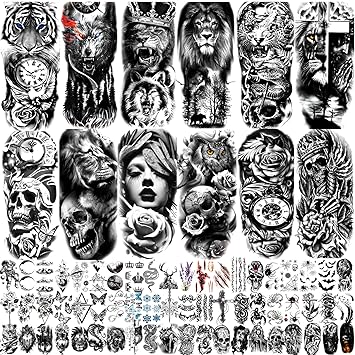 JEEFONNA 82 Sheets Temporary Tattoo for Men Women Adults, Include 12 Sheets Black 3D Half Sleeve Temporary Tattoos, Halloween Tattoos Scary Lion Wolf Tiger Skull Skeleton Tattoos Stickers