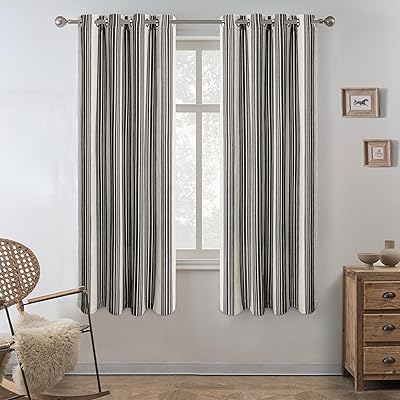 DriftAway Chris Linen Blackout Curtains with Thermal and Sound Reducing Layer 63 Inches Long for Bedroom Striped Printed Drapes Thermal Insulated Lined Window Treatments for Living Room Black