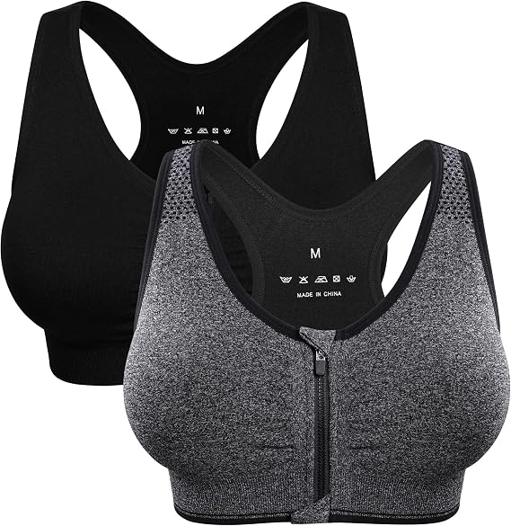 WANAYOU Women's Zip Front Sports Bra Wireless Post-Surgery Bra Workout Bras