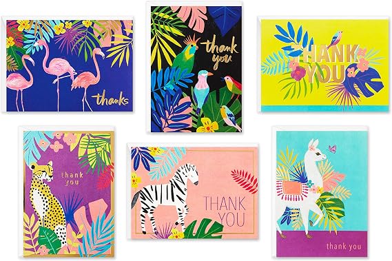 Hallmark Teşekkür Kartı Çeşitliliği, Tropik Hayvanlar (Zarflı 24 Çeşitli Teşekkür Notları - Çita, Llamas, Zebralar, Flamingolar, Kuşlar)