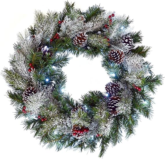 SPARKLES 24" (61cm) Light Up LED Green Snow Frosted Christmas Xmas Wreath Door Decoration