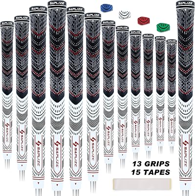 SAPLIZE Golf Grips 13 Pack with Sovlent Kit, Low Taper Design, 4 Colors Options, Multi-compound Hybrid Golf Club Grips, StandardMidsize, CL04 Series
