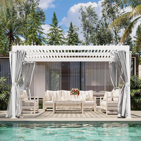 10' 10' Louvered Pergola, Outdoor Aluminium Canopy with Adjustable Roof Curtains and Netting for Patio, Deck, Garden, Yard, Beach.(White)
